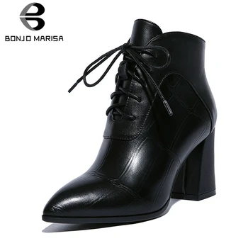 

BONJOMARISA New Big Size 34-42 women's Genuine Leather Ladies High Heels Shoes Woman Casual Party Ol Autumn Winter Ankle Boots