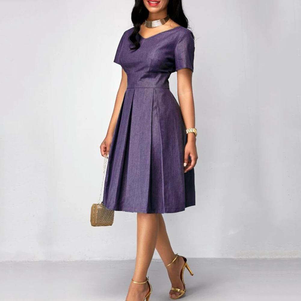 Dress For WOMEN Party Plus Size Women Solid Color V Neck Short Sleeve Slim High Waist Midi Dress