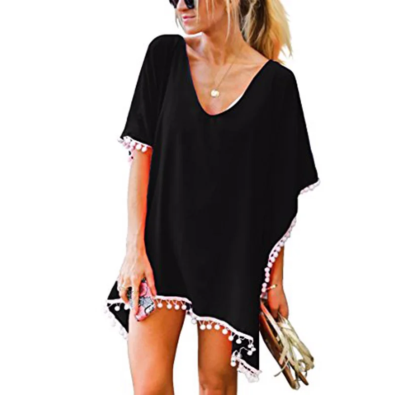 Women's Pom Pom Trim Kaftan Chiffon Swimwear Beach Loose Bikini Cover