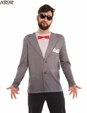 2016 Halloween Gift Funny 3D Fake Red Bow Tie Suit Print Long Sleeve T Shirts for Men Cool Guy’s Ugly Christmas Tee S-2XL