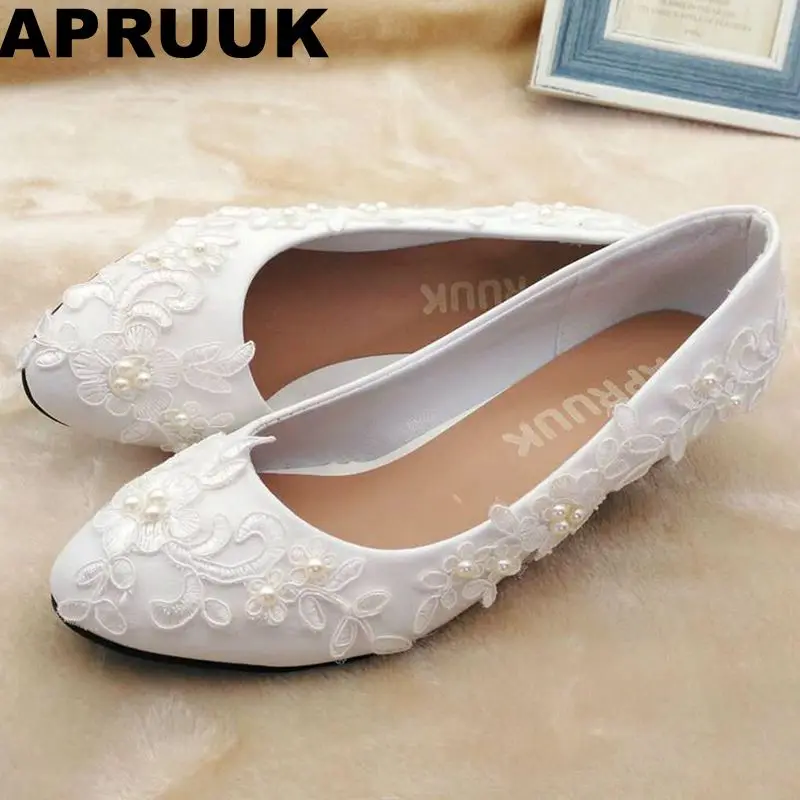 White Lace Pearls Wedding Shoes Bride Fashion New Design Handmade Sweet