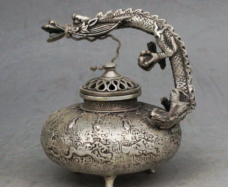 

Marked China Palace Silver Dragon Beast Handle Statue lncense burner Censer