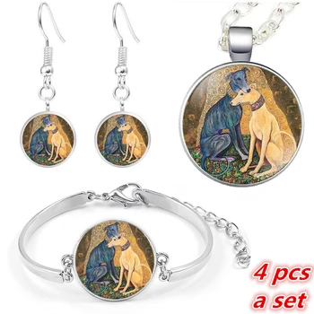 

4 Pcs Greyhounds Jewelry Set Dog Painting Necklace Pendant Bracelet Earrings Birthday Festival Anniversary Jewelry Gift