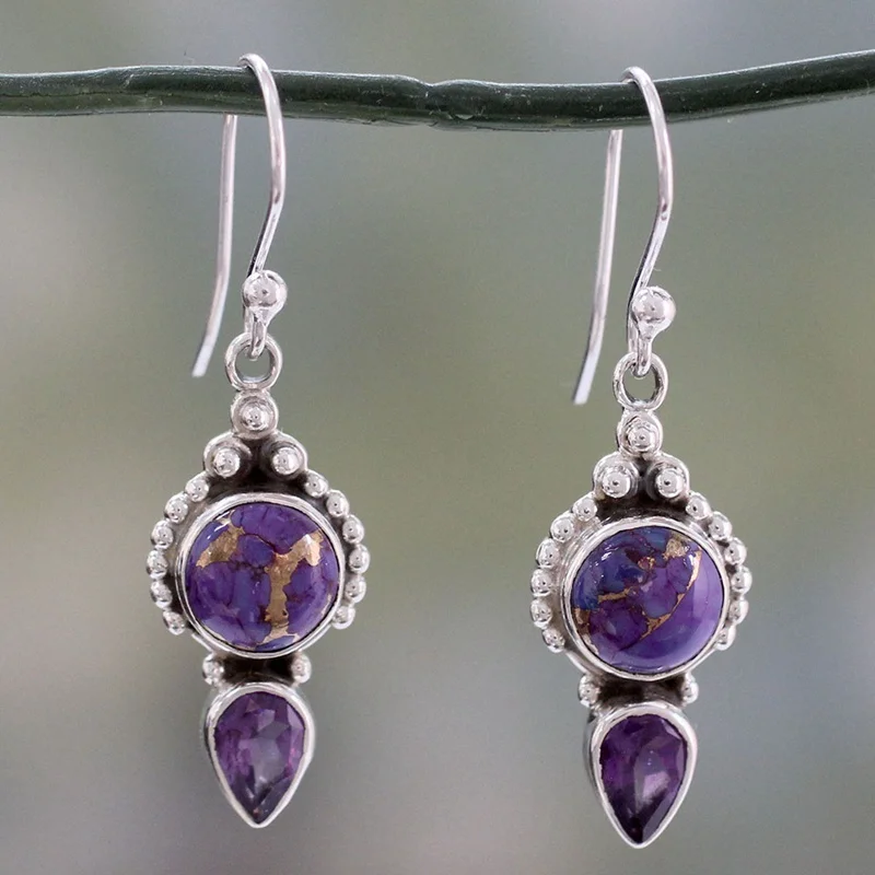 

Drop Purple Earrings for Women with Turquoises Gem Stone Beads Dangle Silver Hook Earring Fine Jewelry