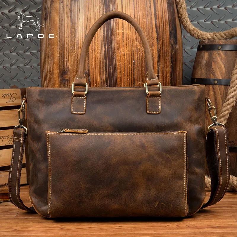 LAPOE intage Crazy Horse genuine leather men handbags brand fashion men's business briefcase bag big capacity men laptop bag LAPOE intage Crazy Horse genuine leather men handbags brand fashion men's business briefcase bag big capacity men laptop bag