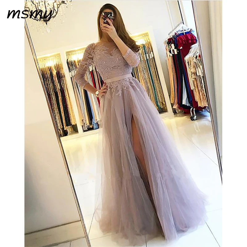 Modest Lace Appliques Tulle Bridesmaid Dresses With Sleeves 159