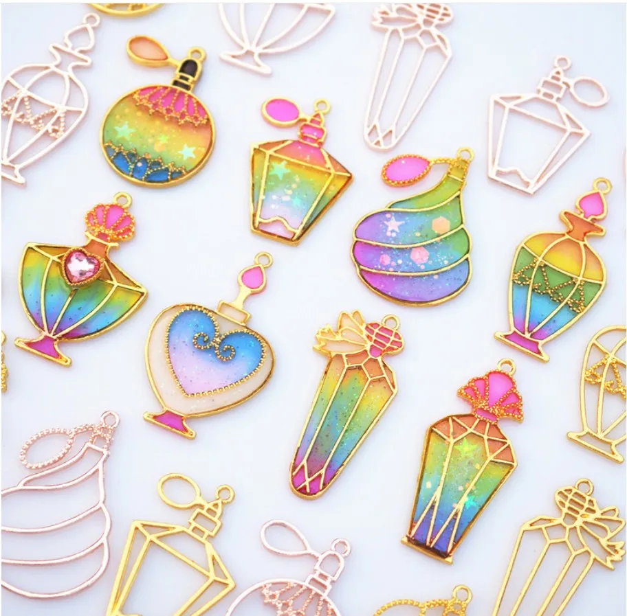 

NEW 10 pcs/lotVarious shapes of perfume bottles Metal Frame Pendant Gold Charm Bezel Setting Cabochon Setting UV Resin Charm