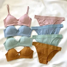 Хлопковый комплект с бюстгальтером, удобное нижнее белье, беспроводное женское нижнее белье, сексуальный комплект с бюстгальтером и трусиками, в полоску, однотонное нижнее белье, модные трусики