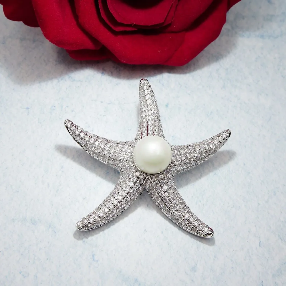 

Elegant Mother Day Gift Simulated Pearl Starfish Brooch Korean Wedding Fashion Zircon Brooches Women Ladies Sweater Pins