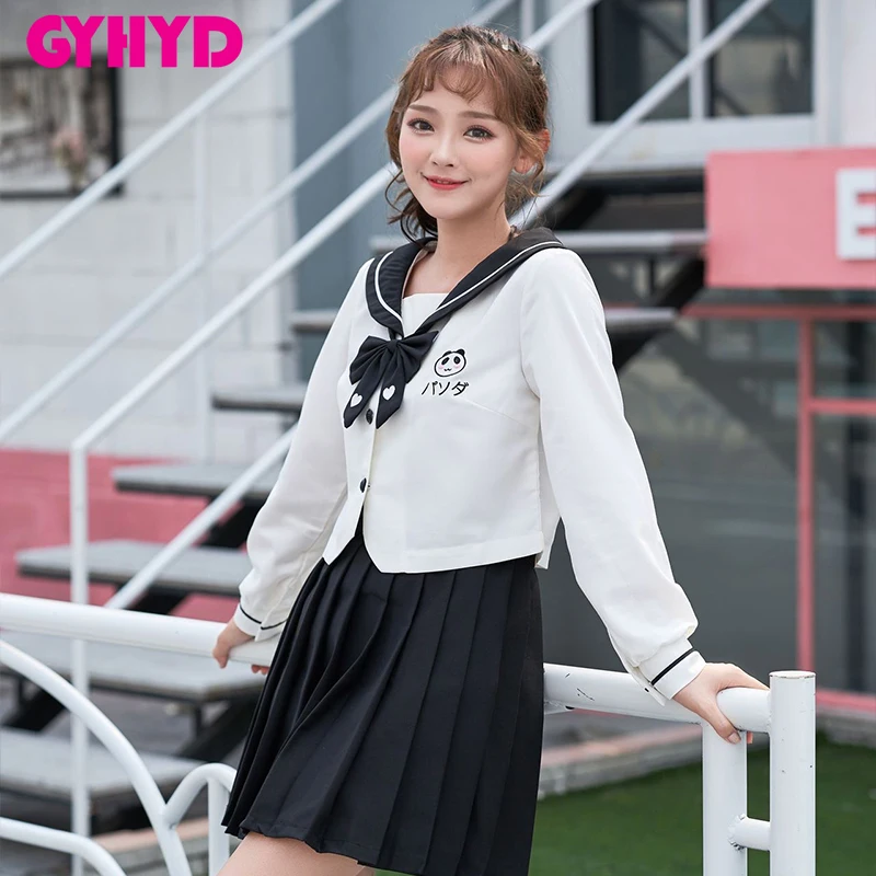 

GYHYD New Products Japan Girls Seifuku Uniform Long Sleeve Cute Panda Embroidery Jk Sailor Suit Cosplay School Uniforms