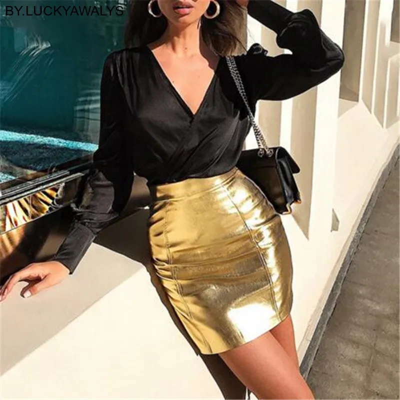 

PU Leather Gold High Waist Skirts Womens 2019 Elegant Female Summer Fashion Beach NightClub Package Hip Mini Pencil Skirt