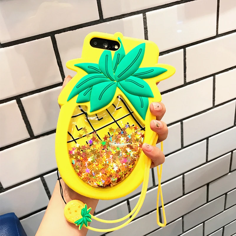 

Decompression Flowing Star Paillette Pineapple Case with Strap for iPhone 6 6s 7 8 plus Shimmering Silicone Gel Back Case Cover