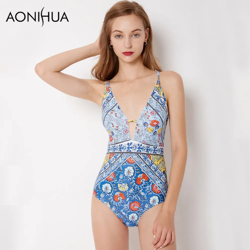

AONIHUA Back Bandaged Swimsuit Women One-piece Swim Wear Blue Print Floral Sleeveless High cut Beach Bathing Suits Swimwear 9046