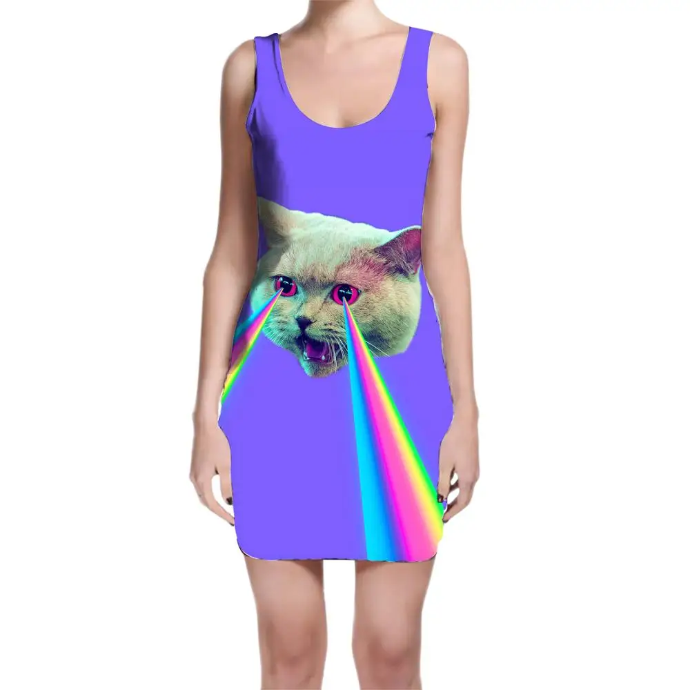 Custom Made Rainbow Cat Sublimation Print Milk Silk Dress | Женская одежда