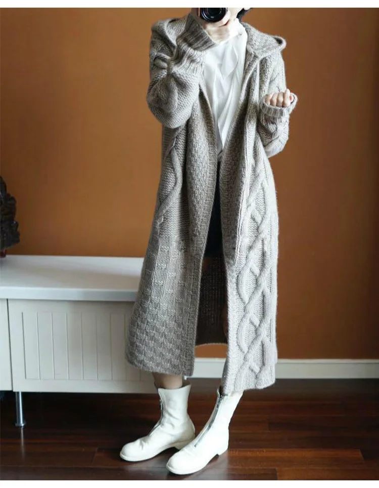 Осенне-зимний длинный вязаный Тренч с капюшоном, женское модное шерстяное пальто, толстый ветрозащитный свитер, длинное пальто, женская Корейская одежда, новинка