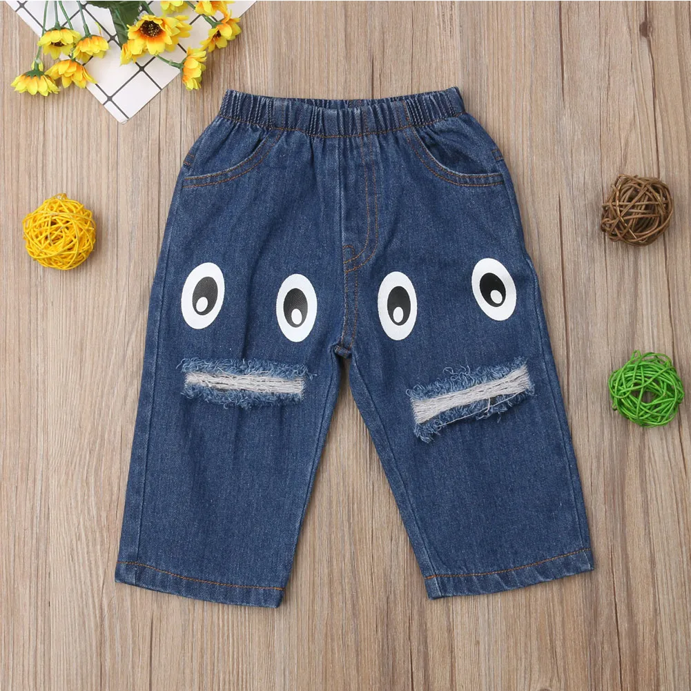 Новые брендовые джинсы для маленьких мальчиков и девочек, джинсовые штаны, Детские рваные джинсы до колена с принтом в виде глаз, штаны с эластичной резинкой на талии