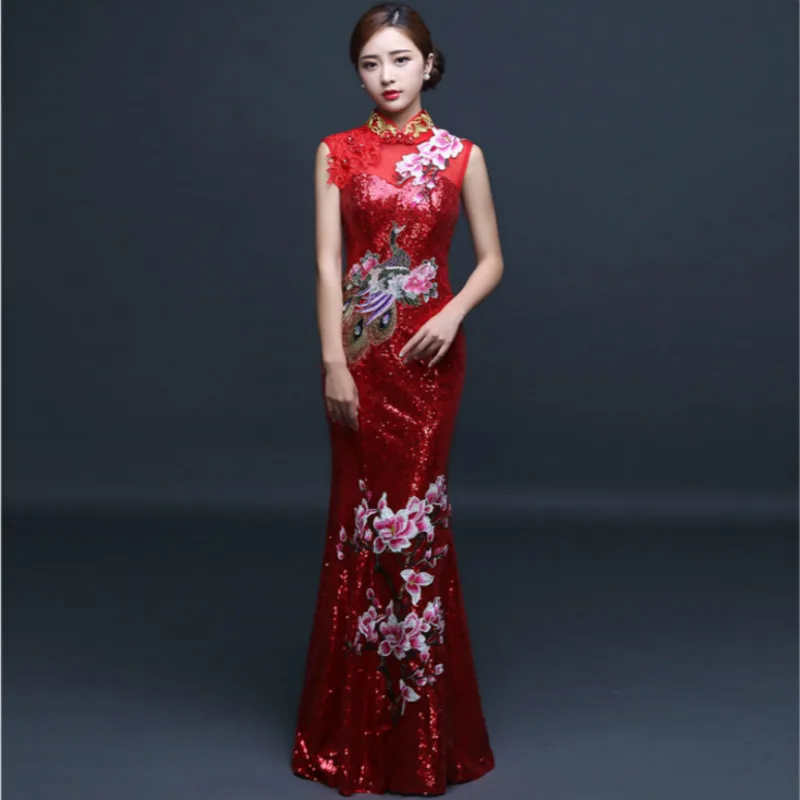 Red Chinese Wedding Dress Female Long Cheongsam Gold Slim Chinese Traditional Dress Women Qipao for Wedding Party embroidery