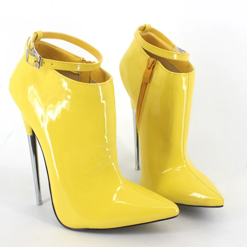 Pointu Femmes Talons Bottes Bout Bottines Femme Sangles Verni Haute Jaune Cuir Cheville En Pompes Métal f4U18aq