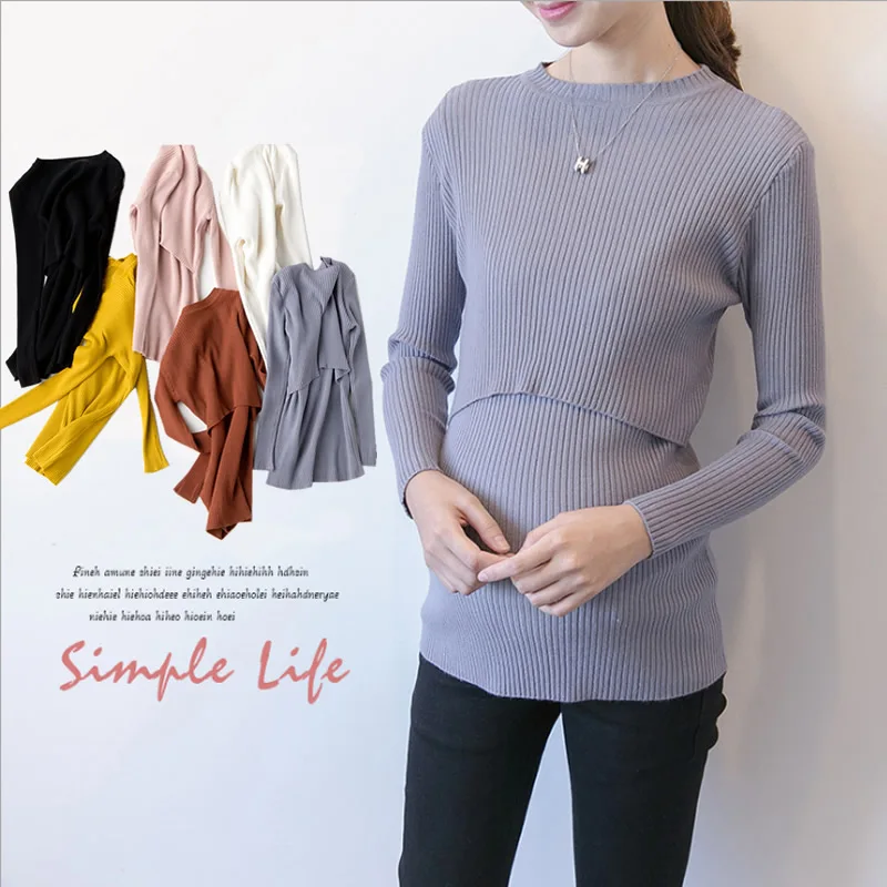 High quality Winter Maternity clothes Pregnant Nursing Knitted sweater Solid Fashion Tight elastic tops for pregnancy woman