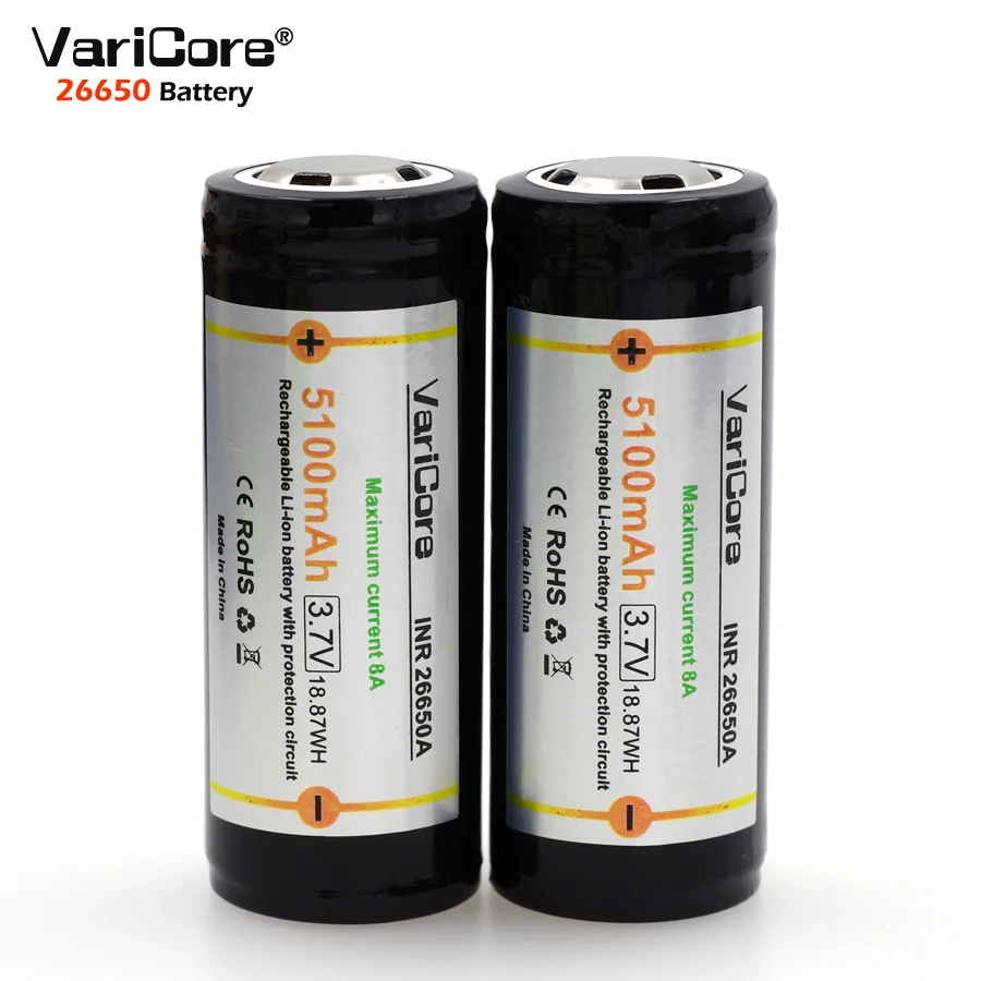

2 PCS Protection VariCore 26650 5100 mAh 3.7 V Li-lon Rechargeable Battery with 8A PCB 3.6V Power Batteries for Flashlight