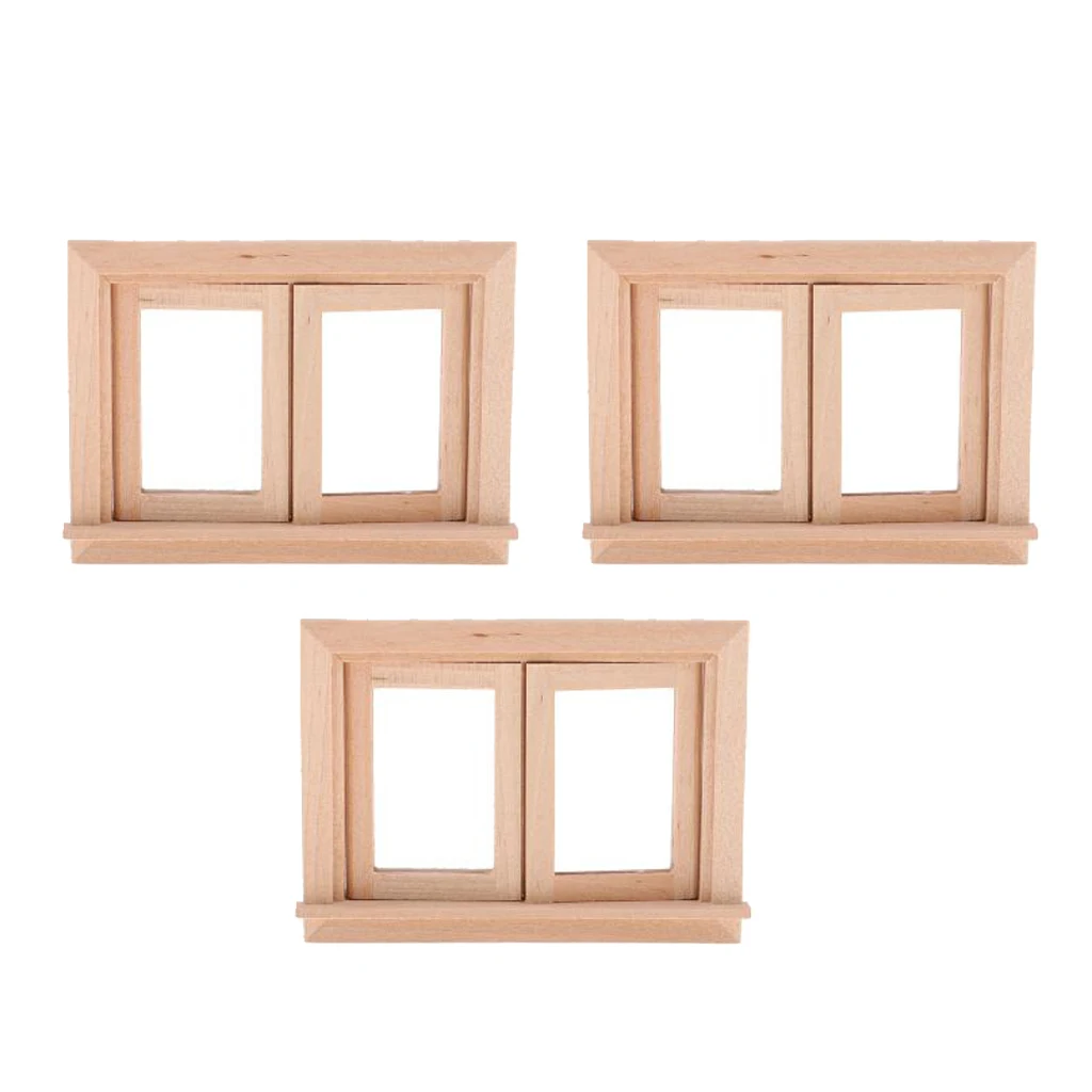 3 Pieces Vintage Style 1/12 Unpainted Wood 2-Pane Window Frame for Dolls House Room Fairy Garden Decor