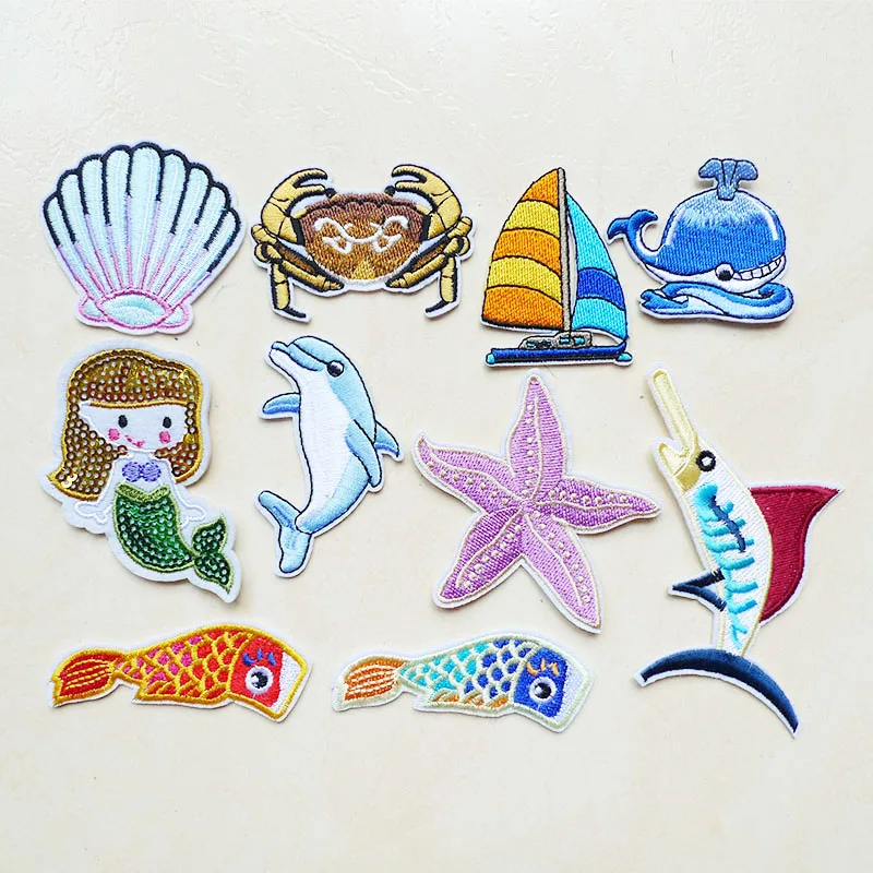 

1Pcs 3D Crab Bird Mermaid Fish Starfish Shell Embroidery Iron on Patches for Clothes Stickers Sea Animal Badges Sewing Applique