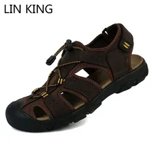 LIN KING/Летняя обувь; мужские сандалии; повседневная обувь из натуральной кожи; Новинка; пляжные сандалии; мужские водонепроницаемые сандалии в римском стиле; большие размеры 50