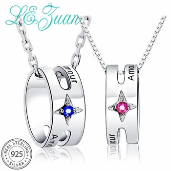 

L&zuan Genuine S925 Sterling Silver Couple Pendants Blue & Pink Gemstone Round Pendant Necklaces Engrave Letters Valentine Gifts