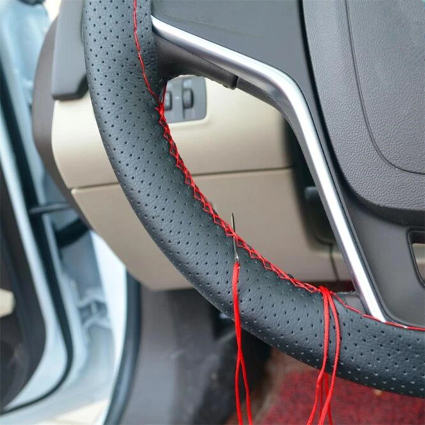 

1Pcs DIY Gray Black Beige Genuine Leather Car Steering Wheel Cover With Needles and Thread Car Steering Wheel Perforated Covers