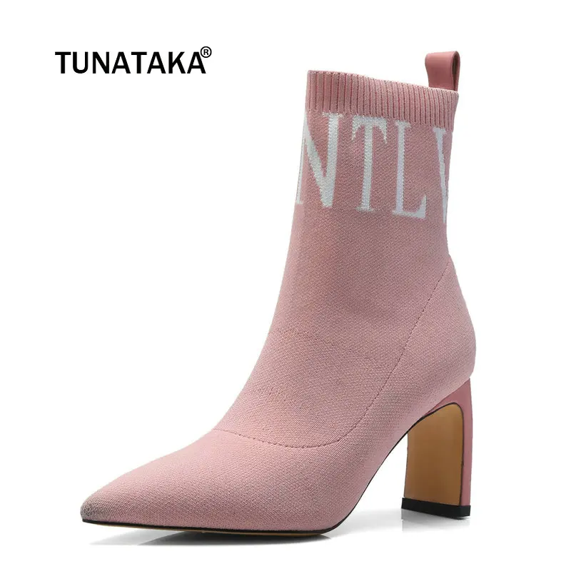 Femmes Confort Mode Carré De Chaussures Rose Noir Hauts Glissent Sur Talons Noir Automne Cheville rose Bout Pointu Stretch Kitting À Hiver Bottes XuPkiOZ