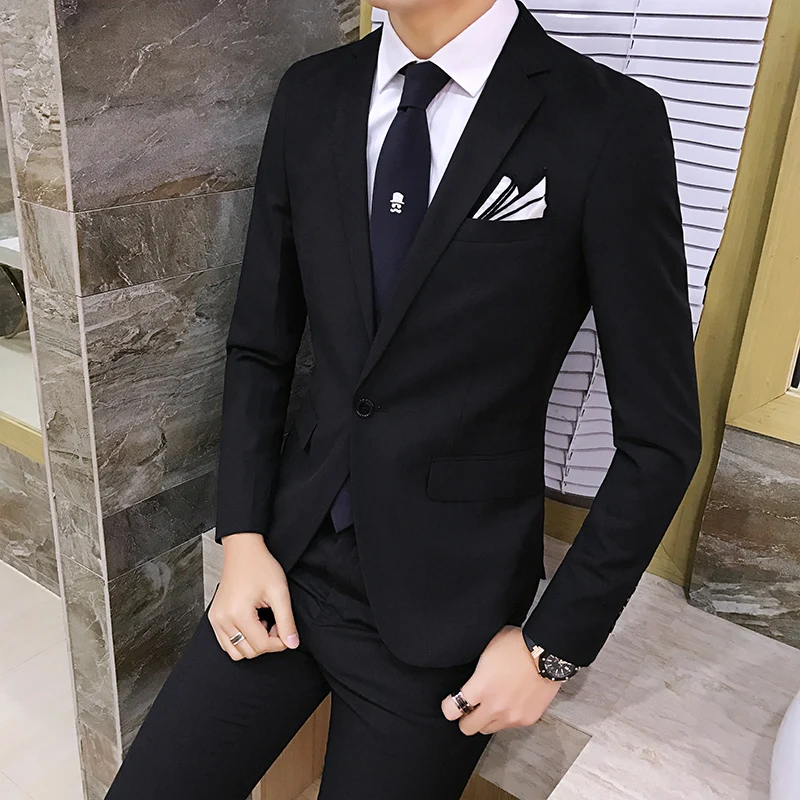Новинка 2019, модные мужские облегающие черные костюмы, мужские костюмы в Корейском стиле, свадебные костюмы-смокинги, комплект из 2
