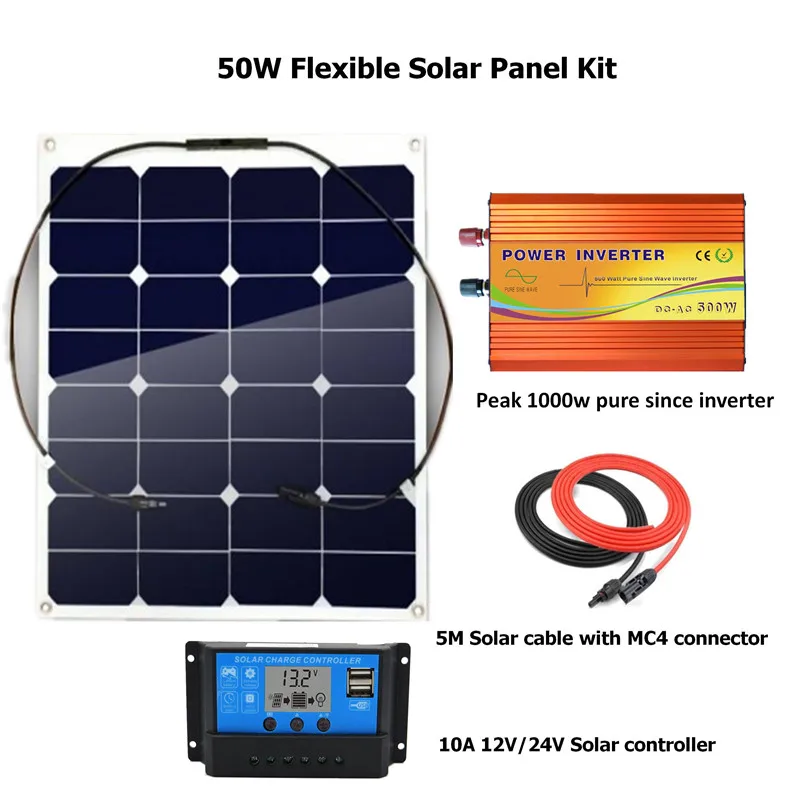 

50W solar panel Kits Off Grid System 50w flexible solar panel with 10A LCD solar controller, Peak 1000W Inverter