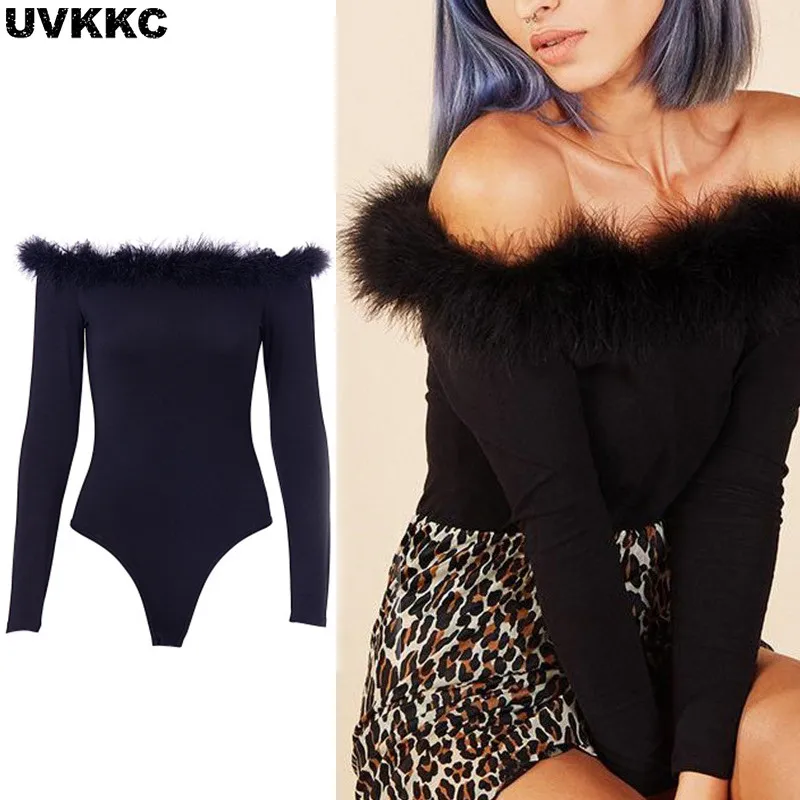 

Uvkkc Women Bodysuits 2019 Autumn Winter Fashion Female Playsuits Feathers Off Shoulder Bodycorn Black Sexy Jumpsuits For Women