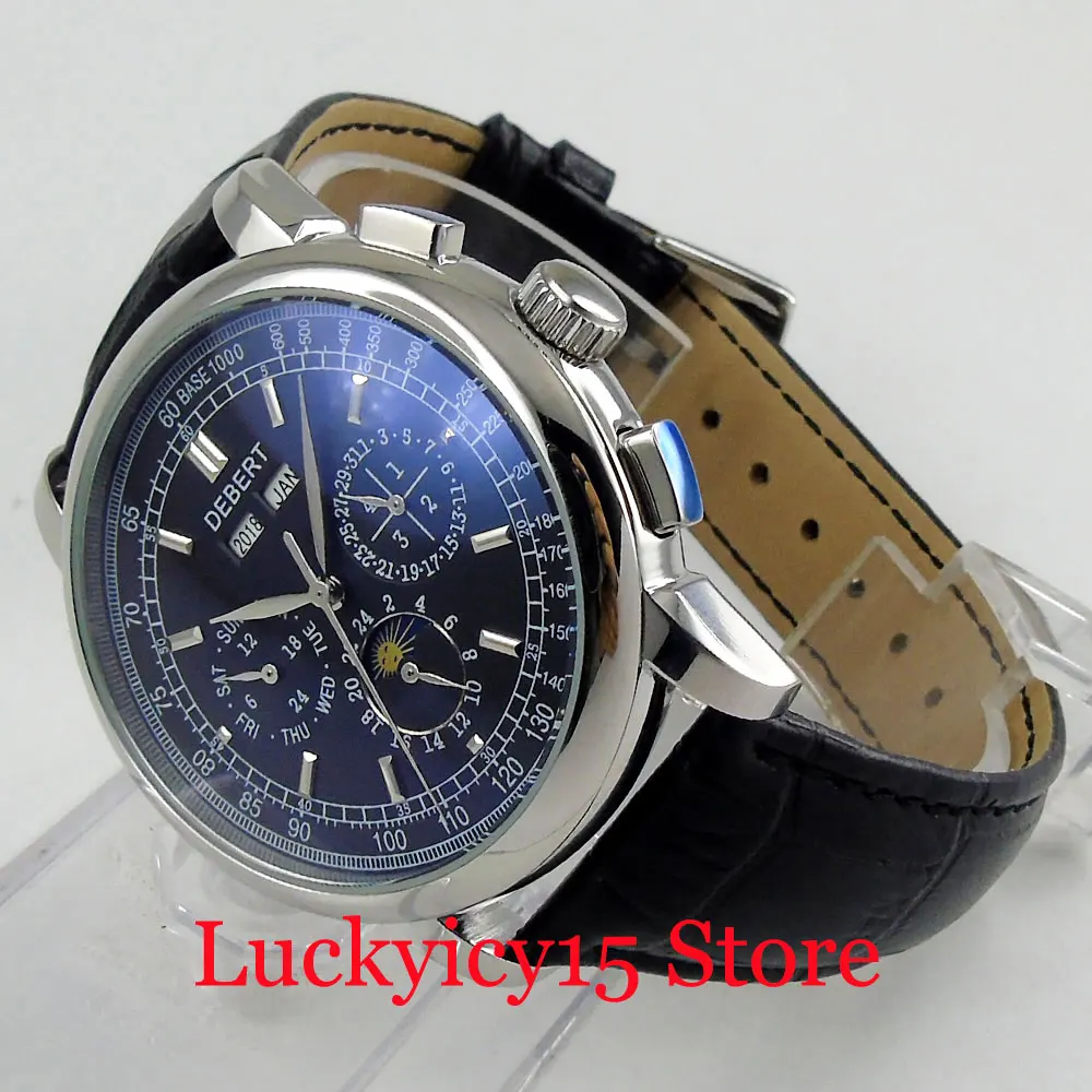 

High Quality Automatic Men's Watch With Date Month Moon Phase Indicator Leather Strap 42mm Self Winding Wristwatch