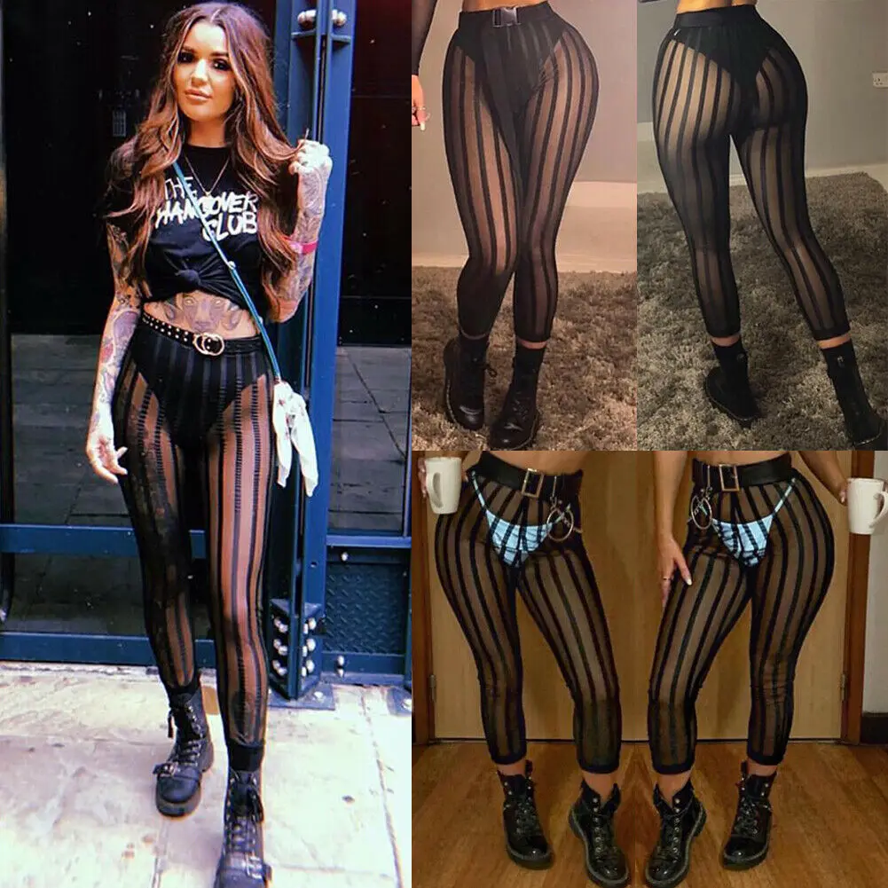 

Sexy Cool Women Striped Mesh Perspective High Waist Sports Workout Stretchy Slim Cover Up Pants Party Trousers Club Wear