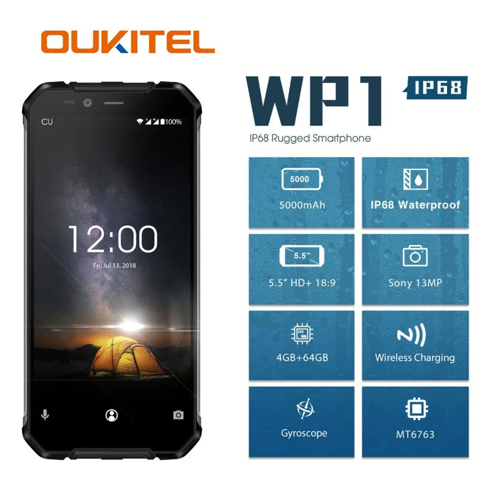 Их Oukitel Ip68 печать 4 ГБ 64 и 5000 Mah Mtk6763 Octa Core (hd + 18: 9 Беспроводной Дисплей нагрузки Tri