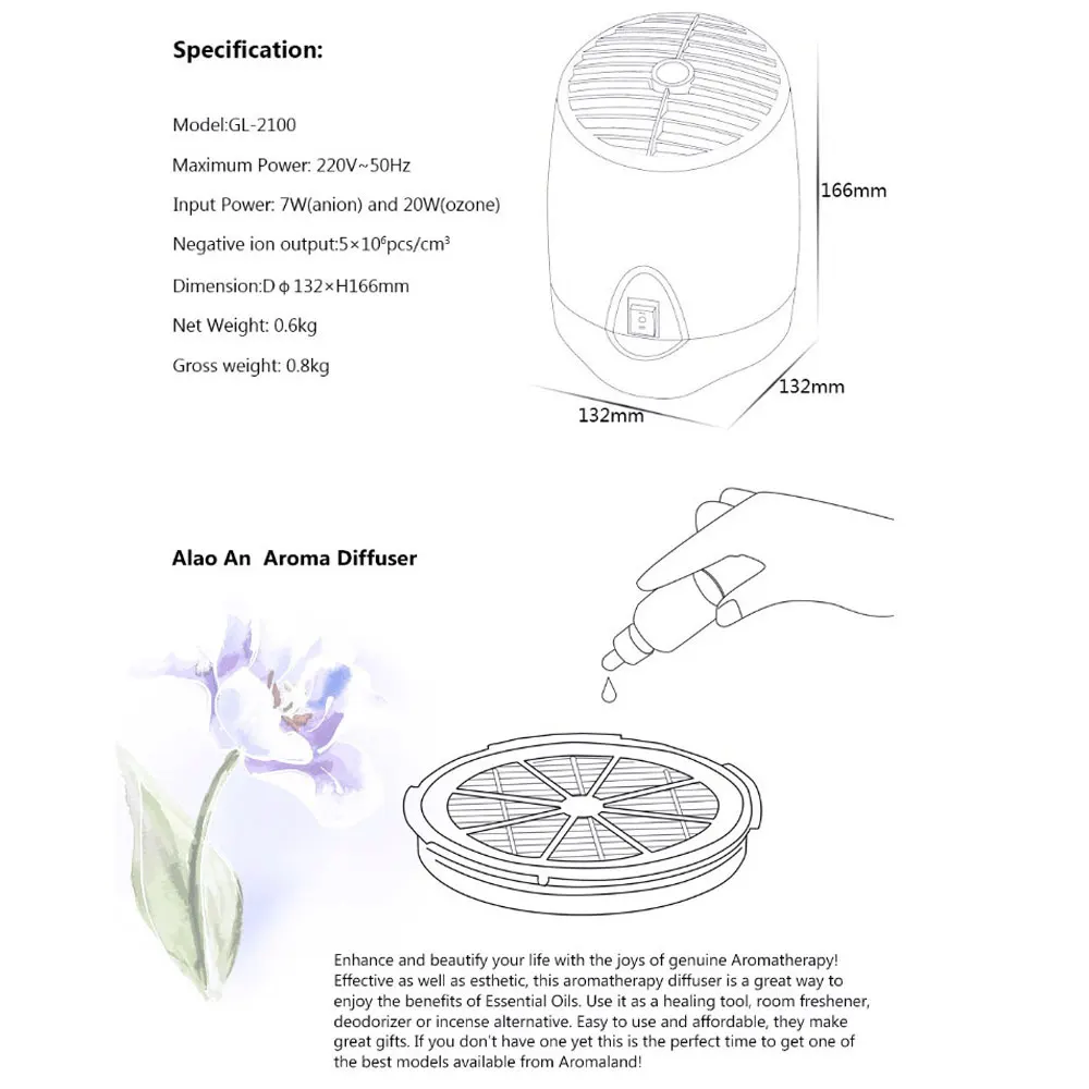 Alanchi очиститель воздуха для дома и офиса с ароматическим диффузором 220 В 200 мг генератор озона и ионизатор, GL-2100 CE RoHS 1 шт./лот