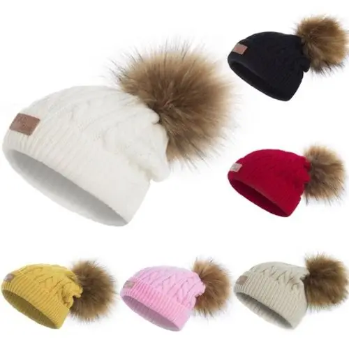 Дети для мальчиков и девочек детские зимние теплые вязаные шапка милые pom Мех животных шапочка Кепки 6 цветов
