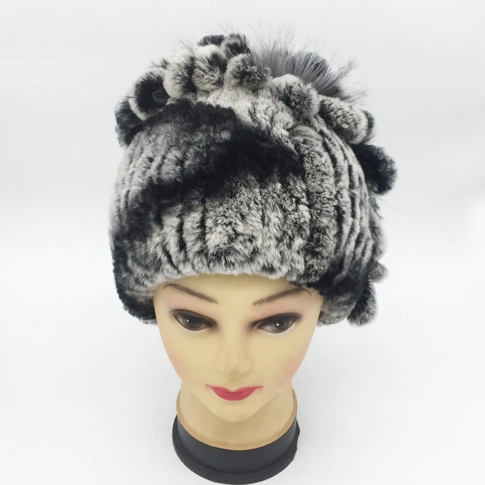 Женская зимняя трикотажная Шапка бини из натурального меха кролика|knitted cap|rex rabbit