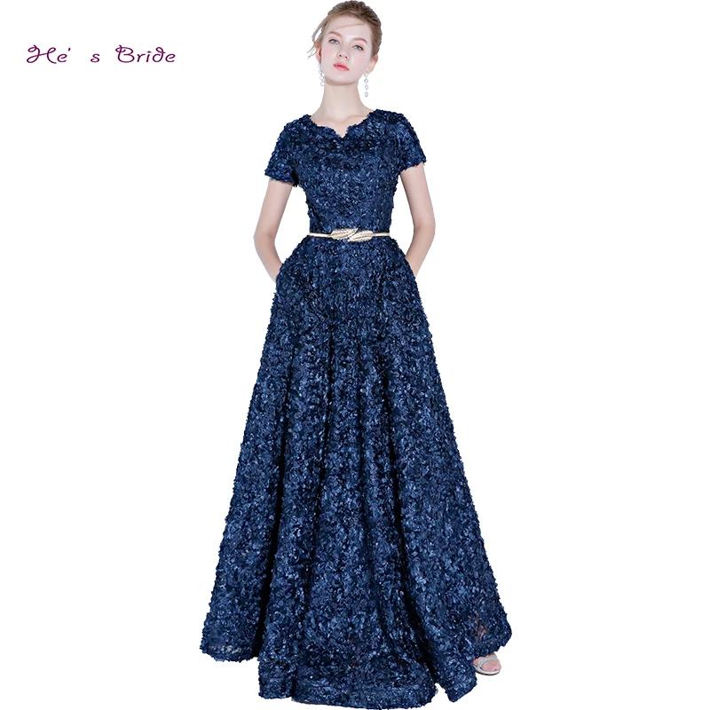 

He's Bride Elegant Evening Dresses V-neck Short Sleeves Appliques Floor-Length Simple Lace Prom Party Gown Robe De Soiree