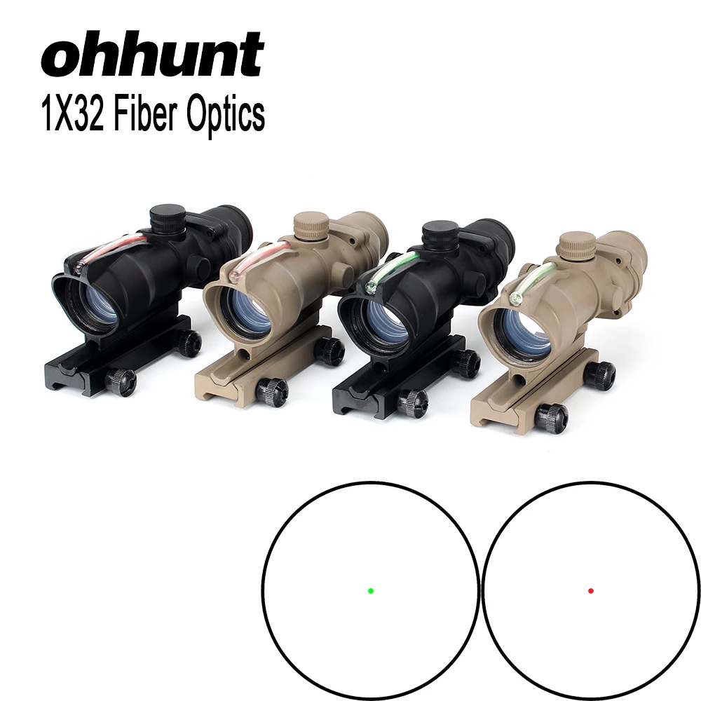 Ohhunt 1x32 RifleScopes الأحمر أو الأخضر نقطة مشاهد الحقيقي الألياف الضوئية M16 بندقية البصرية التكتيكي نطاق صالح Picatinny السكك الحديدية