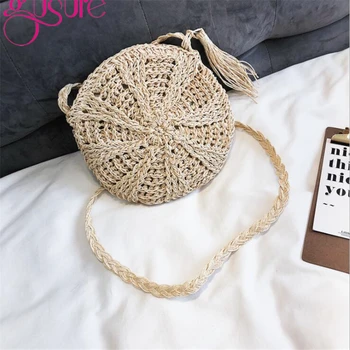 

Gusure Simple Circle Women Shoulder Bags Tassel Straw Female Hand Bags Summer Travel Knitting Handbag Girls Messenger Bag Purse