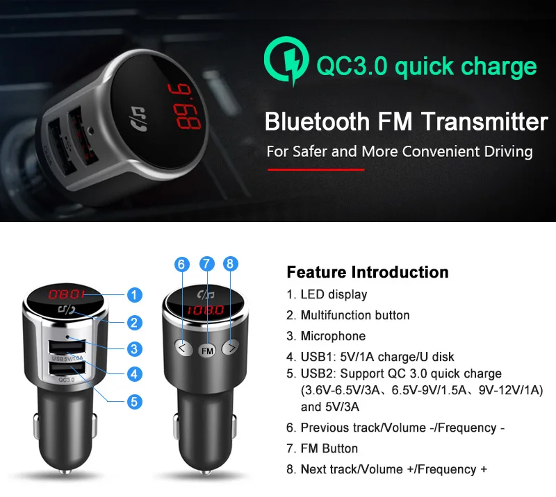 Jilang автомобильный Bluetooth fm-передатчик беспроводной радио адаптер музыкальный MP3 плеер Автомобильный комплект Hands Free Звонки с QC3.0 двойной USB зарядкой