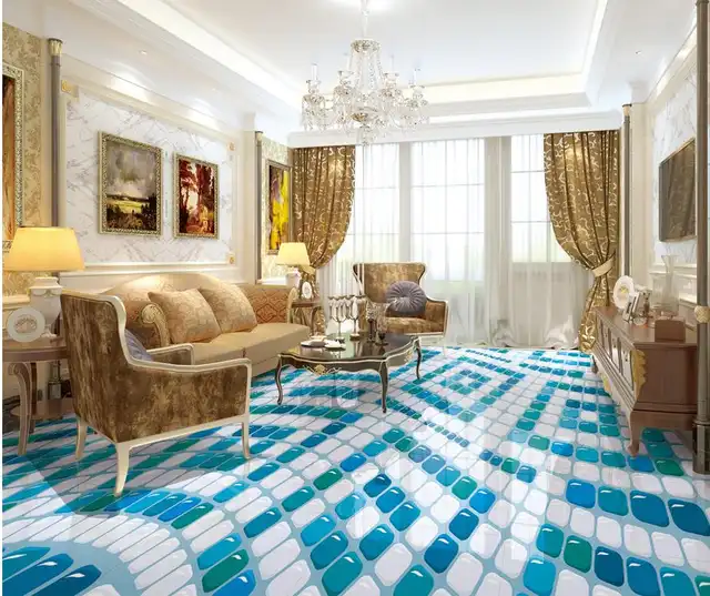 3d Flooring Blue Green And White Geometric Pattern 3d Floor Pvc