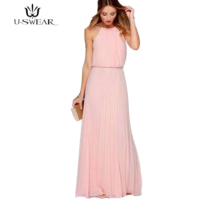 

U-SWEAR Pink solid women chiffon dress long summer maxi elegant O-neck sleeveless party beach vestidos de fiesta 2018