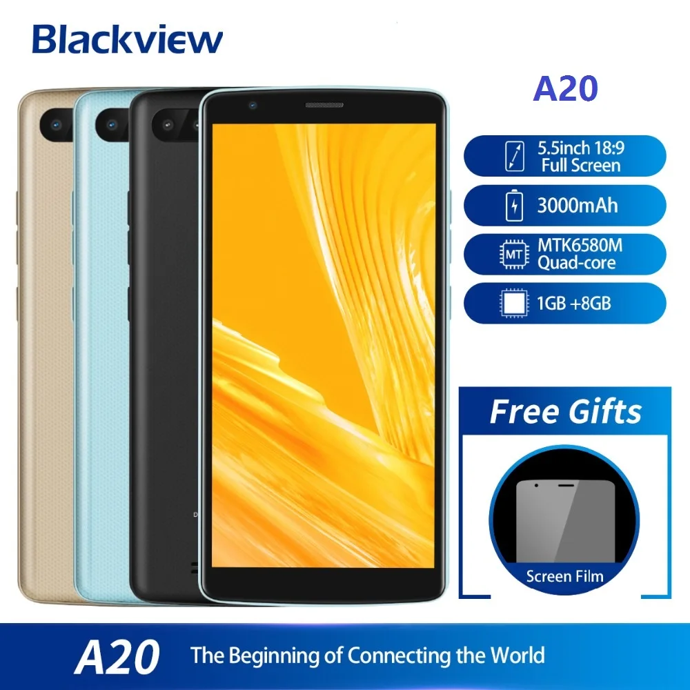 Смартфон Blackview A20 5 &quot18:9 экран Android Go Os Mtk6580m четырехъядерный 1 ГБ ОЗУ 8 Гб ПЗУ