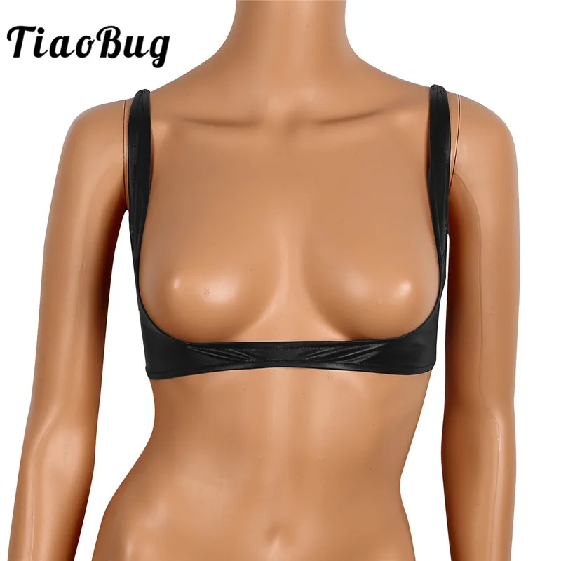 Fashion Novelty Women Lingerie Look Top Black Faux Leather Gothic Open Cup Exposed Breast Wet Look Crop Top Female Sexy Camisole