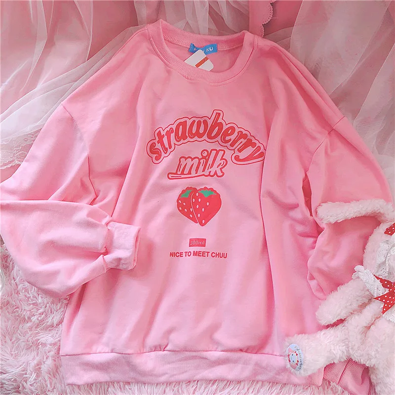Harajuku Kawaii Strawberry Milk Hoodie Sweatshirt Tops Women Kpop Lolita Style Strawberry Sweatshir