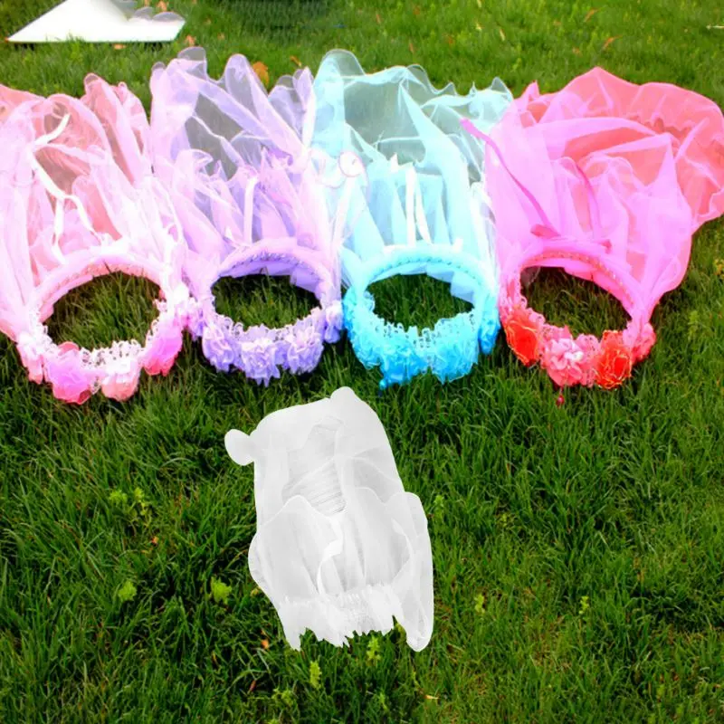 

Girls Little Princess Hairband One Layer Tulle Bridal Veils Flowers Garland Wedding Party Wreath Headband Solid Color Beaded