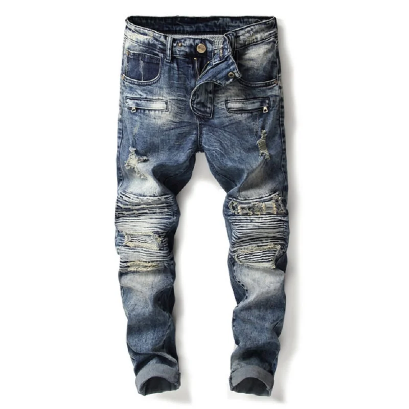 Европейский Американский стиль Брендовые мужские джинсы роскошные мужские прямые джинсовые брюки на молнии тонкие синие Лоскутные рваные джинсы для мужчин